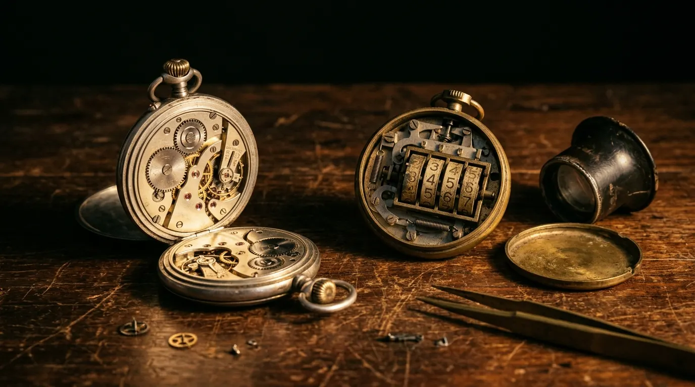 Mechanical counter with its cover removed beside a disassembled watch.