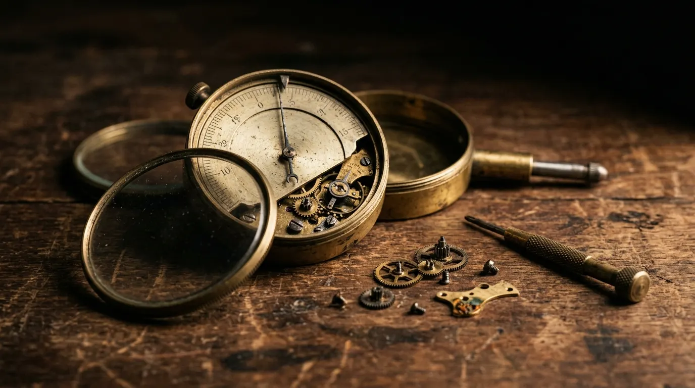 Partially disassembled brass measuring instrument with a graduated dial.